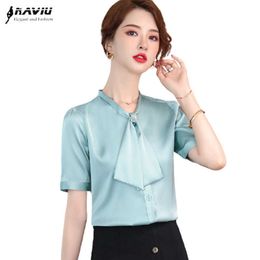 Naviu Elegant and Fashion Women High Quality Chiffon Blouses Short Sleeve Bow Tie Shirt Office Wear Summer Tops 210604