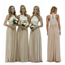 2021 Sexy Champagne Bridesmaid Dresses Lace Top Chiffon Sleeveelss Beach Bridesmaids Dress Wedding Guest Gowns Country Maid of Honor Dress