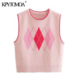 Women Fashion With Ribbed Trim Cropped Knitted Vest Sweater O Neck Sleeveless Female Waistcoat Chic Tops 210420