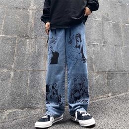 Washed Jean Harajuku Anime Print Baggy Men's Streetwear Cotton Fashion y2k man Loose Wide Leg Pants 220115