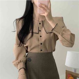 Vintage solid brown Shirt female Oversize Tops Long sleeve Girls Blouse Plus Size Autumn Women Blouses femme Blusas 210417