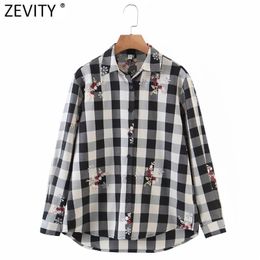 Women Fashion Floral Embroidery Plaid Print Casual Smock Blouse Female Long Sleeve Shirts Chic Blusas Tops LS7671 210416