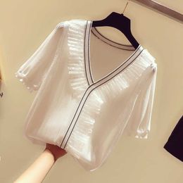 Summer Short Sleeve Korean Sweater Knitted Pullover Women Sweaters Tops Basic Thin Pull Femme v neck Jumper Female 210604