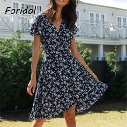 Floral Print Summer Wrap Dress Women V Neck Short Navy Blue Beach Cotton Flare Sleve Holiday Vintage 210427