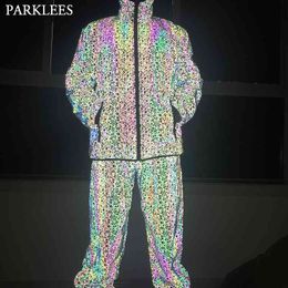 Mens Reflective Jacket Colourful Line Men Sport Jacket Fashion Luminous Men Hoodie Jackets Shiny Cool Hip Hop Men Casual Suit Set 210524