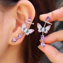 Symmetrical Purple Cubic Zirconia Lovely Butterfly Ear Cuff Climber Stud Earring for Women Fashion Punk Jewelry CZ874 210714