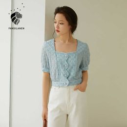 FANSILANEN Office Lady French Square Collar Shirt Women's Summer Short Sleeve Blue Puff Tops Drop 210607