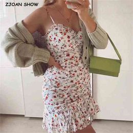 Sexy Flower Print Lacing up Ruched Backless Sling Dress Holiday Woman Wood ear V neck Package Hips Spaghetti Strap Short 210429