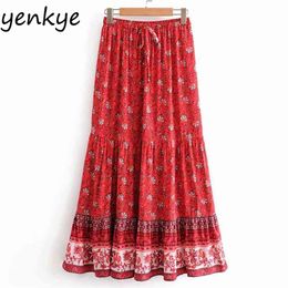 Summer Skirts Womens Floral Print Holiday Beach Boho Drawstring Elastic High Waist Pleated Casual Long Maxi DJF8590 210514