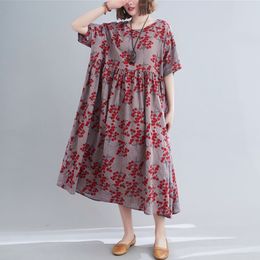 Oversized Women Cotton Linen Casual Dress New Arrival Summer Vintage Style Floral Print Loose Female Long Dresses S3550 210412