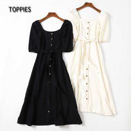 Toppies Sexy Square Midi Dresses Women Short Sleeve A-line Dress Front Single Breasted Belt Vestidos Female Clothes 210412