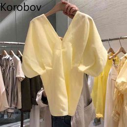 Korobov New Arival Women Blouses Korean Puff Sleeve Hollow Out Female Shirts Vintage Sexy V Neck Summer Blusas Mujer 210430