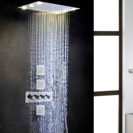 Modern Chrome Polished rain Shower Head With Handheld Spray Thermostatic 14 X 20 Inch LED All Functions Can Work Together