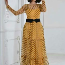 Women Dress Polka Dot O Neck Transparent Mesh See Through Maxi Vestidos Long Sleeves with Inside Spaghetti Strap Robes Female XL 210416