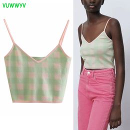 Green Plaid Knitted Crop Top Women Blouses Summer Slim Backless Slip Sweater Woman Fashion Streetwear Tunic Female 210430