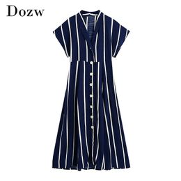 Fashion Striped Office Wear Long Shirt Dress Women Short Sleeve Casual Maxi Dresses Summer Chic Turn Down Collar Dress 210414