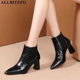 ALLBITEFO arrive genuine leather thick heels office ladies shoes brand high heels ankle boots for women winter women boots 210611
