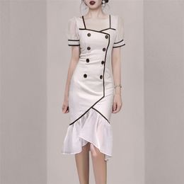 Temperament wrap body hips summer women's party collar fishtail stitching dress Short Office Lady Polyester 210416