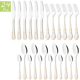 24Pcs Vintage Gold Cutlery Set 18/10 Stainless Steel Dinnerware Knives Forks Tea Spoon Silverware Kitchen Flatware Tableware 211228