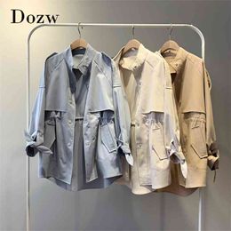 Women Solid Casual Trench Bow Tie Batwing Sleeve Pockets Coat Female Stand Collar Single Breasted Korean Outerwear 210515