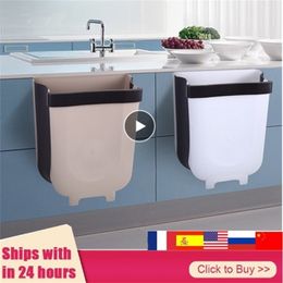 5L 9L Wall Mounted Folding Waste Bin Kitchen Cabinet Door Hanging Trash Garbage Car Can Foldable Cleaning 211222