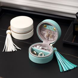 Round PU Jewellery Boxes Monolayer Jewel Case Ear Studs Zipper Storages Box Ornaments Jewelrys Ring Boxe Storage Bins ZYY1074