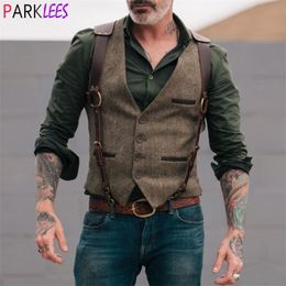 Mens Tweed Leather Suspenders Suit Vest Vintage Style Steampunk Cosplay Vests Waistcoat Gentleman Wedding Gilet Homme 3XL 210923