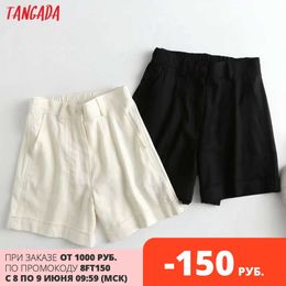 Tangada Women Elegant High Quality Solid Cotton Linen Shorts Strethy Waist Pockets OL Shorts Pantalones 4C94 210609