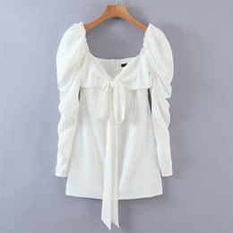 Sexy Women Retro Puff Sleeve Dress Female Front Knot Bodycon Mini Summer Party White Robe 210514