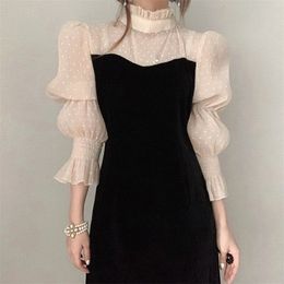 Spring Female Sweet Casual Stand Collar Single Breasted Long Sleeve Patchwork Mesh Polka Dot Velour Dress 210427