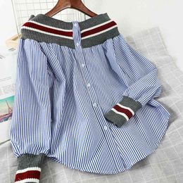 Spring Autumn Women's Patchwork Shirts Striped Navy Style Loose Retro Long Sleeve Lantern Woman Tops PL116 210506