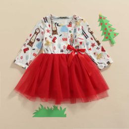 Kids Dress Cartoon Patterns Print Round Neck Long Sleeve Stitching for Girls 1-6 Years G1026