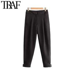 Women Vintage Stylish Pockets Office Wear Pants Zipper Fly Basic Black Female Ankle Trousers Chic Pantalones Mujer 210507