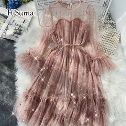 2021 Spring summer New Female Chic O-Neck Stars Sequins Mesh Shiny Party Dress Women Elegant Bling Gauze Princess Puff Dresses X0521