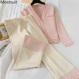 Houndstooth Korean Two Piece Sets Outfits Women Single-breasted Cardigan + Wide Leg Pants Suits Fashion Elegant Ladies 210513
