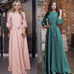 Vintage Bow Tie Long Pink Dress Women Lantern Sleeve Elegant Frenulum Dress Autumn Solid O Neck Boho Floor Length Dress 210706