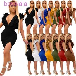 Plus Size Party Dress Sexy Sleeveless Backless Solid Deep V-neck Stitched Fungus Edge Club Wear Split Skirt Ladies Bodycon Dresses