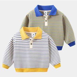 Spring Autumn 2 3 5 6 8 Years School Children Cotton Turn-Down Collar Colourful Striped Patchwork T-shirt For Baby Kids Boys 210414