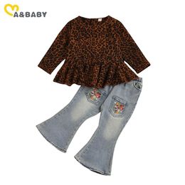 2-7Y Leopard Toddler Kid Girls Clothing Set Ruffles Tunic Top Floral Denim Pants Autumn Winter Children Outfits 210515