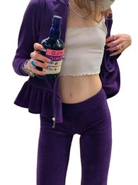 Women's Two Piece Pants Women Close-fitting Two-piece Clothes Set, Purple Solid Color Hooded Jacket And High Waist Leggings, S/ M/ L