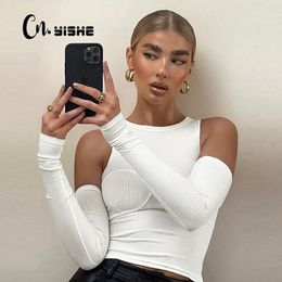 CNYISHE Casual O-Neck Crop Top Women T-Shirt Female Tee With Gloves Shirt Sexy Off Shoulder Skinny Tops for Women Tshirts Blusas 210419