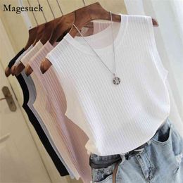 Summer Sleeveless Knitted Women Top Mujer Office Lady White Tank Strap O-Neck Casual Solid Female s 4588 210512