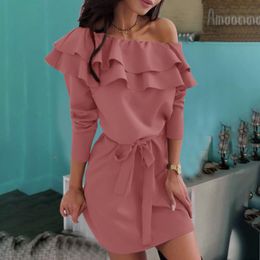 Casual Dresses Winter Dress A-Line Slash Neck Ruffles Above Knee Sexy Fashion Woman Party Night Maxi For Women Clothes