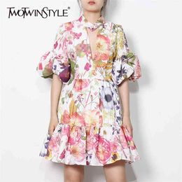Print Hollow Out Dress For Women Stand Collar Lantern Sleeve High Waist Summer Dresses Female Fashion Clothes 210520