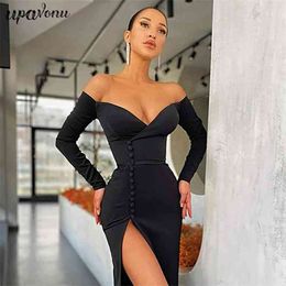 Free Black Ladies Bandage Dress Sexy V-neck Card Shoulder Long Sleeve Bodycon Split Club Party Vestidos 210524