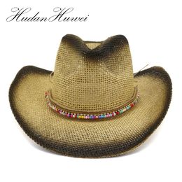 Cloches Black Paint Spraying Paper Straw Western Cowboy Hats Summer Women Men Beach Large Brim Sunscreen Cap Lovers Sunshade Hat