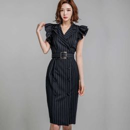 Summer Womens Stripes pencil Dress Ruffle Double-breasted Sheath Bodycon office OL Business Work Vestidos with sashes 210529