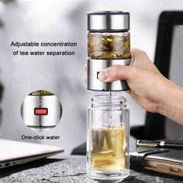 oneisall 400ml Glass Water Bottle With Loose Leaf Tea Strainer Tea Infuser Double wall Glass Bottle Free to disassemble Thermos 210917