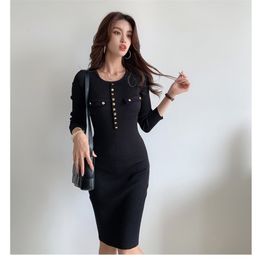 buttoned autumn and winter knitted bag hip sexy dress Office Lady knitting Cotton Sheath Knee-Length 210416