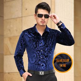 Men's Casual Shirts Shirt Fleece Winter Warm Thick Floral Flannel Velvet Soft Long Sleeve Slim Male Business Dress